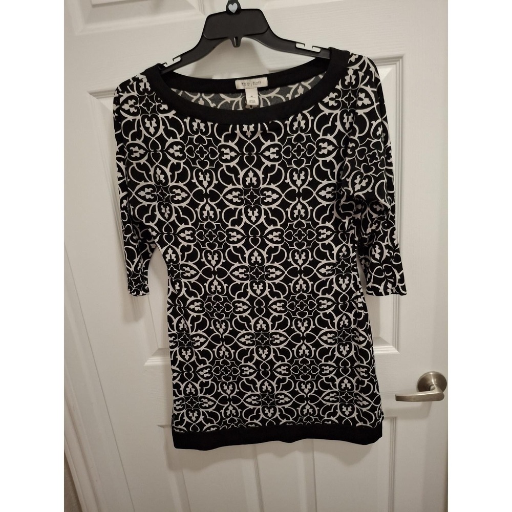 3/$15 White House Black Market Medium Black White Fleur De Lis 3/4 Sleeve‎ Dress